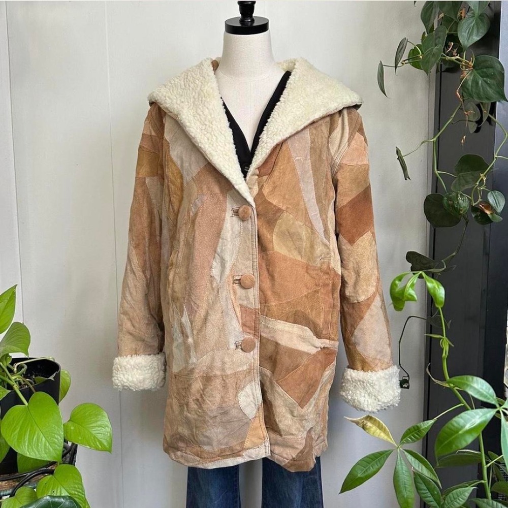 Vintage Y2K Patchwork Suede Faux Fur Lined Hooded Penny Lane Jacket Brown Large